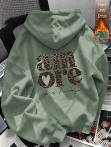 Women's Casual Green Fleece Hoodie, Leopard Print "Amore" Graphic, Drop Shoulder Long Sleeve Pullover, Ribbed Details, Fashionable And Warm - Bean Green - View 2
