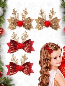 4pcs Kids Christmas Hair Clips Deer Antlers Glitter Edge Pom Pom Reindeer Bow Hair Accessories - Multicolor - View 2