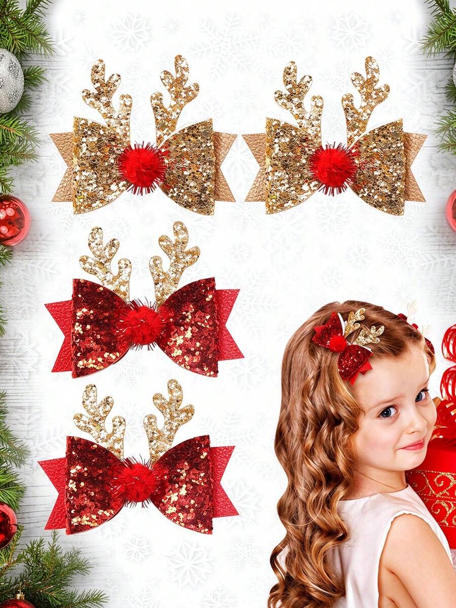 4pcs Kids Christmas Hair Clips Deer Antlers Glitter Edge Pom Pom Reindeer Bow Hair Accessories