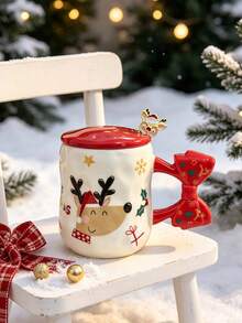 1pc Christmas Mug With Red Lid, Ceramic Mug Cute Bow Handle Coffee Tea Cup, 3Xmas Patterns Holiday Table Decor, Secret Santa Christmas Gift - Multicolor - View 2