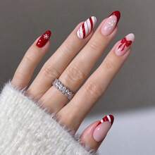 10Pcs Medium Almond Press On Nails Christmas Style Red Nude Snowflake Candy Cane Strip Bow Pattern Glossy Fake Nail Kit For Women Xmas Daily - Multicolor - View 8