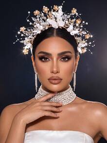 1 chiếc vương miện cô dâu thủ công cao cấp đính đá rhinestone, ngọc trai hình bướm, băng đô cài đầu phụ kiện tóc cưới - Vàng - Xem 2