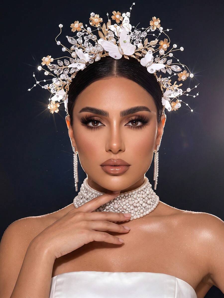 1 chiếc vương miện cô dâu thủ công cao cấp đính đá rhinestone, ngọc trai hình bướm, băng đô cài đầu phụ kiện tóc cưới