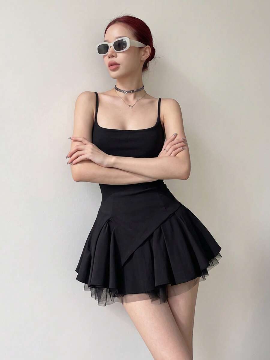 Women's Sexy Black Spaghetti Strap Knit Mini Dress, Sleeveless Flared Hem Party Dress With Back Slit - Black - View 1