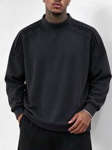 Men's Autumn/Winter Outdoor Base Layer T-Shirt, Dropped Shoulder, New Style, Semi-High Neck, Long Sleeve, Thickened Pullover, Solid Color, Sports Fashion T-Shirt Top - Black - View 1