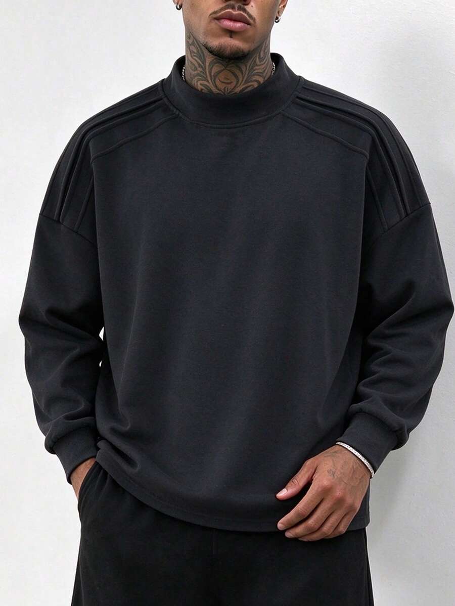 Men's Autumn/Winter Outdoor Base Layer T-Shirt, Dropped Shoulder, New Style, Semi-High Neck, Long Sleeve, Thickened Pullover, Solid Color, Sports Fashion T-Shirt Top - Black - View 1