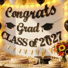 2027 Graduation Party Decorations - Class Of 2027 Banner - Congrats Grad Decor, 2027 High School College Graduation Pary Decorations Glitter - Black - View 4