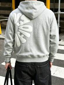 Men's Zipper Hoodie With Drawstring, Side 3D Letter Decoration, Suitable For Casual And Streetwear, Gift For Family, Friends And Boyfriend - Light Grey - View 5