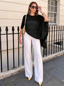 Elegant Loose Knit Shawl Sweater, Women's Loose Fit, Lightweight, Casual Travel Beach Versatile Style Vacation Black, Effortless Style Summer - Black - View 2