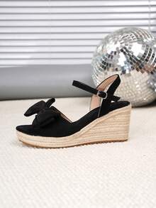 Women's Wedge Platform Sandals, Straw Rope, Woven Shoes, Suitable For All Seasons, Vacation, Party, Casual, Beach - Black - View 8