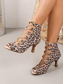 Leopard Print Peep Toe Cutout Lace Up Stiletto Ankle Boots, Women Professional Latin Dance Heels For Salsa Tango Performance - Apricot - View 3