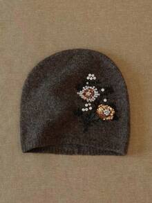 1pc Minimalist Soft Blended Fabric 3D Beaded Floral Decor Knitted Hat, Women's Autumn/Winter Daily Outing - 3D Flower Design - View 4