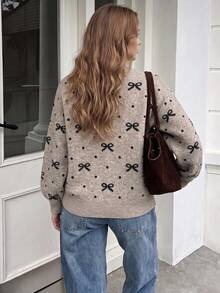 Women's Bow Print Button Front Cardigan Crew Neck Long Sleeve Loose Knit Sweater - Apricot - View 3