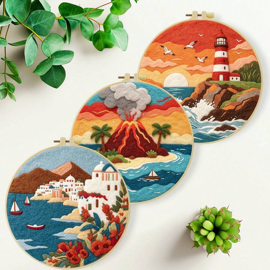 Needle Felting Kit For Beginners. 2D Flat Printing. Seaside Town . For New & Skilled Crafters. DIY Wool Painting Set. Includes Foam Mat, Felt, Hoop & Guide. Handmade Home Decor Ornament. 20x20cm/7.87x7.87in.