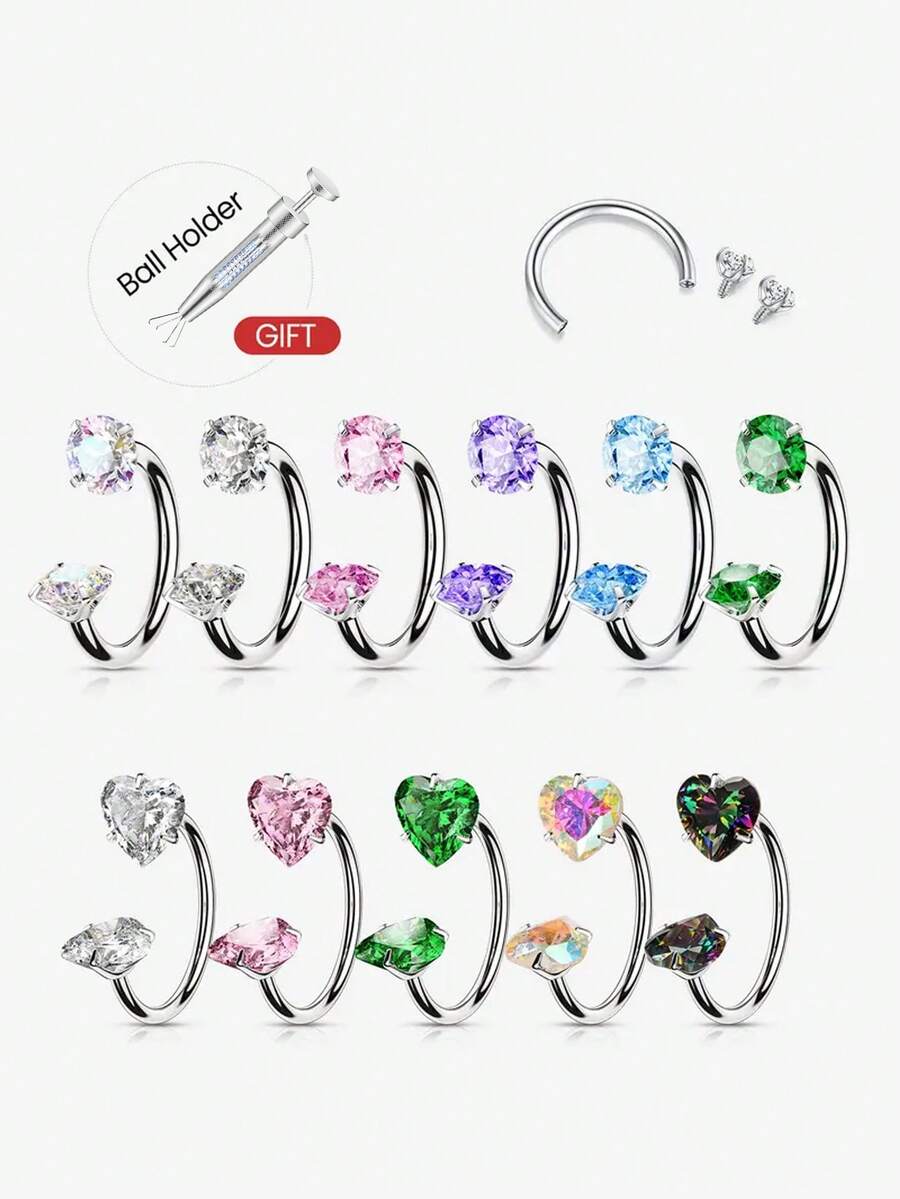 Double Gem Stainless Steel Horseshoe Nose Ring 20G 8mm With Piercing Taper Tool, For Septum & Nostril, Comfort Fit - Silver - View 1