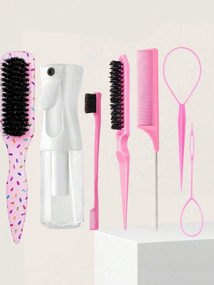 7pcs Styling Set, Includes 2 Flip Tail Combs, 1 Continuous Spray Bottle, 1 Pointed Tail Hair Brush, 1 Edge Comb, 1 Tail Comb, Suitable For Women / Girls, Can Be Used For Creating Voluminous Bangs, Edge Styling And Back Combing, Applicable For Hair Styling Tools, Combs, Styling Products And Accessories, Essential For Salon, Travel, Back To School, Vacation - Multicolor - View 1