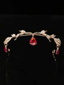 1pc Gold Rhinestone Crown Forest Style Water Drop Forehead Ornament Princess Birthday Tiara Wedding Accessory - Red - View 2