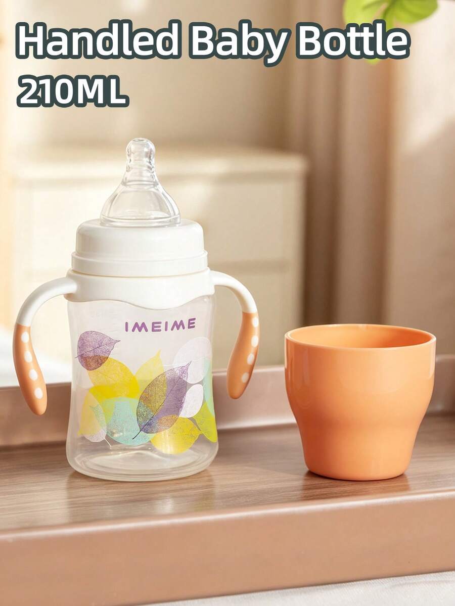 1pc 210ml Wide Mouth PP Baby Bottle, Soft Silicone Nipple Anti-Colic Anti-Choke, Heat-Resistant Drop-Resistant, With Handle And Precise Scale, For Newborns, Infants, Babies, Milk And Water Feeding - Orange - View 1