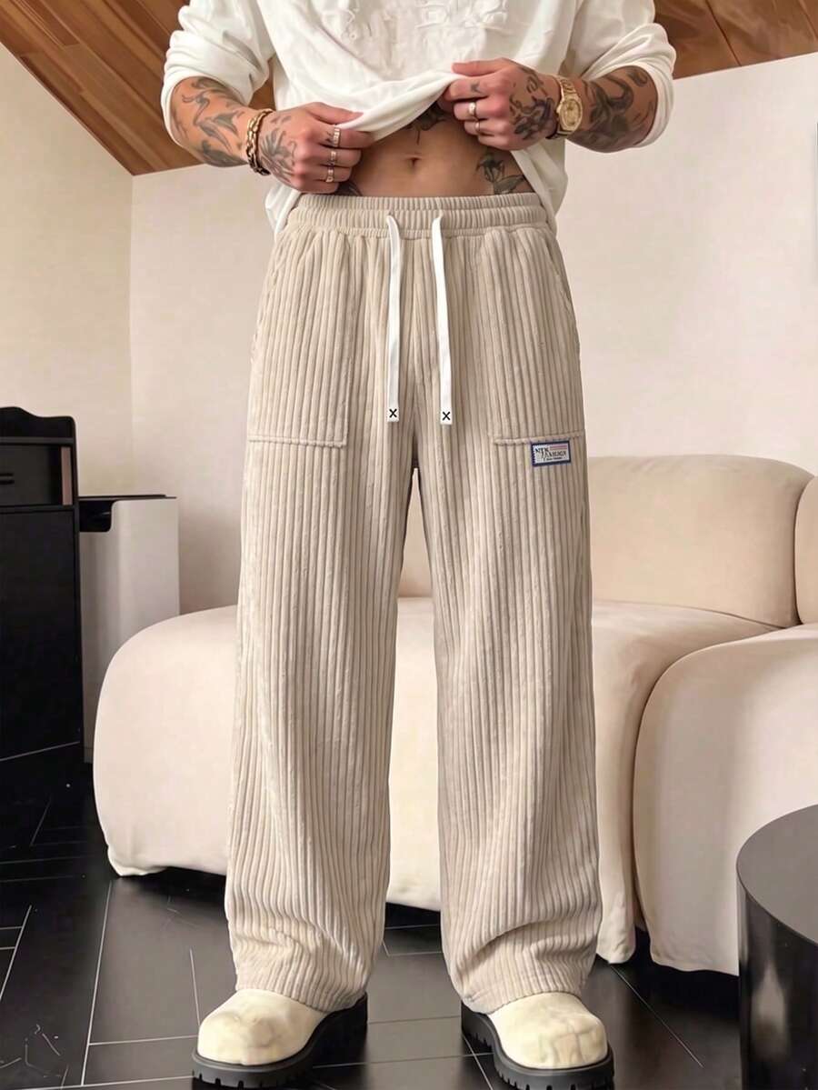 Brand Off-White Vertical Striped Corduroy Cargo Pants For Men, Loose Fit Drape Wide Leg Long Pants With Drawstring Waist And Patch Label, Versatile Casual Trousers - Khaki - View 1