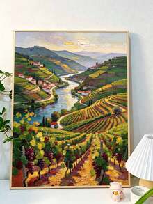 DIY Paint By Numbers Kit, European Vineyard Valley River Town Landscape, Impasto Oil Painting Canvas Wall Art Home Decor Gift - A - View 3