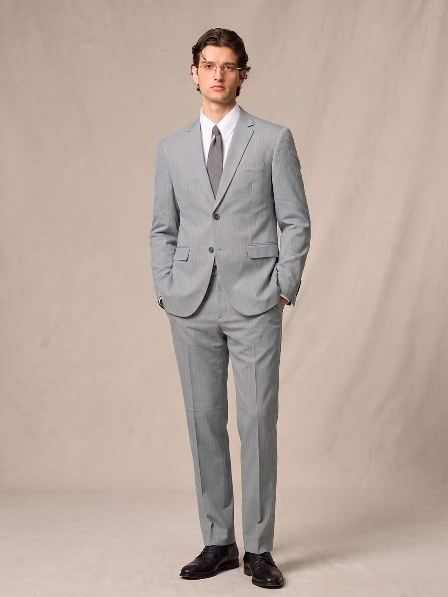 Men's Light Gray Vertical Striped 2-Button Notch Lapel Vintage Business Gentleman Style Slim Fit 2 Pieces Suit Set For Office And Wedding - Light Grey - View 1