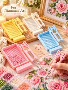 1pc Multi-Color Cute Bow Double-Needle Fuse Bead Tweezers + Plastic Bead Sorting Storage Tray Set, Labor-Saving DIY Pixel Art Perler Bead Craft Materials, Suitable For Beginners - Multicolor - View 5