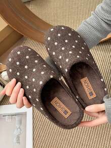 Women's Flat Coffee Brown Polka Dot Design Fashion Versatile Home Slippers Autumn/Winter New Closed Toe Plush Slip-On Comfortable Fuzzy Slippers - Coffee Brown - View 1