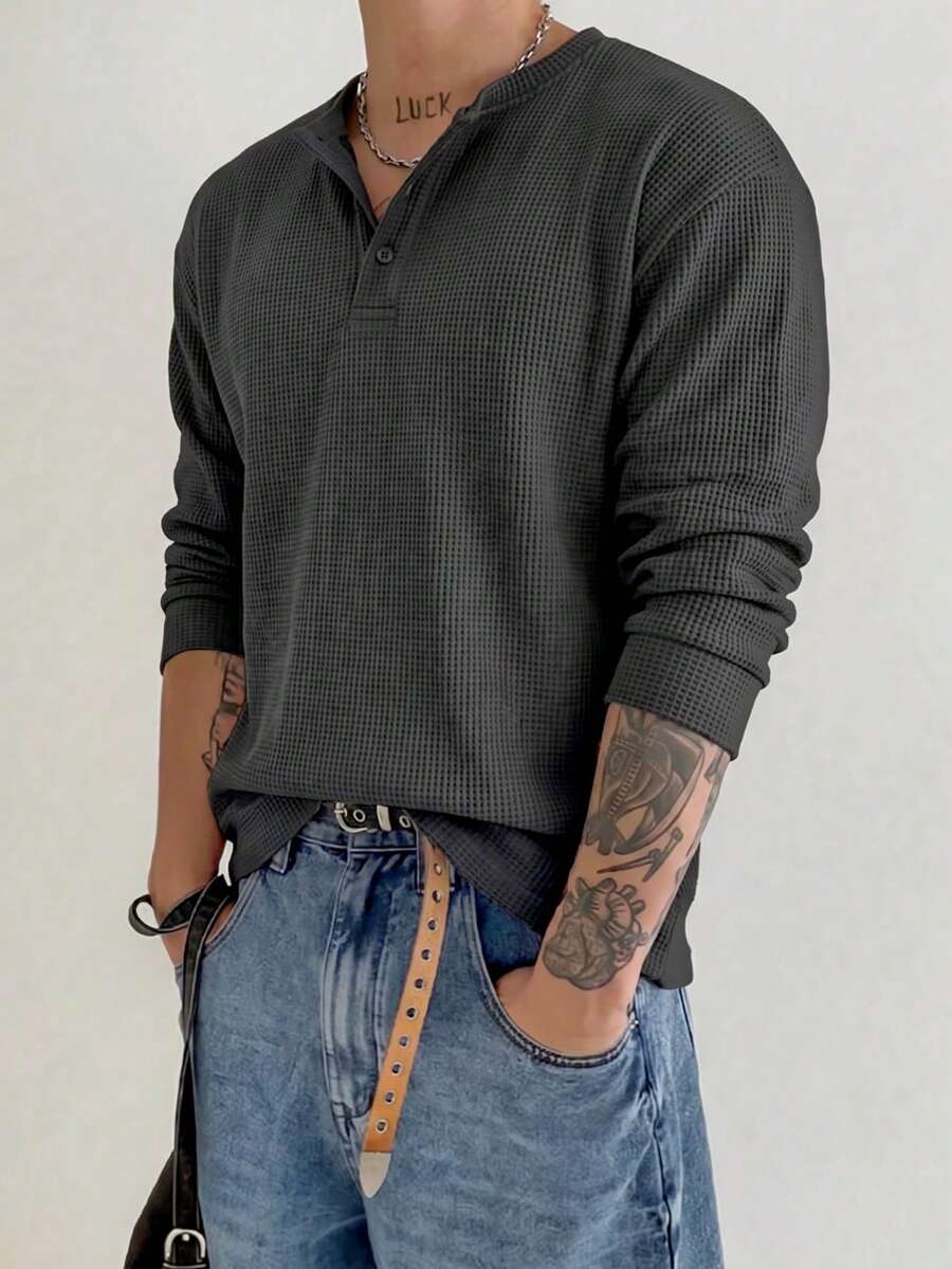 1pc Men's T-Shirt Waffle Texture Knit Fabric Pure Black Basic Style Daily Commute Versatile T-Shirt Korean Style Men's Long Sleeve Top Spring Autumn Versatile Base Layer - Black - View 1