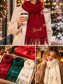 Customized Name Embroidered Scarf, Women's Winter Scarf, Letter Pattern Scarf, Winter Fashion Accessory, Wool Christmas Scarf, Comfortable Long Scarf, Girls Scarf - Multicolor - View 4