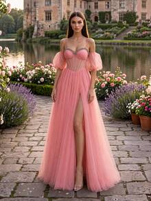 Charming Pink Mesh Maxi Dress, Spaghetti Strap Design, Puff Sleeve, Romantic Flared Hem, Back Boned Waist, Suitable For Balls Or Formal Occasions - Watermelon Pink - View 3