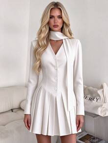 Women's White Pinstripe Tie Neck Slim Fit Front Button Pleated Mini Dress - White - View 4
