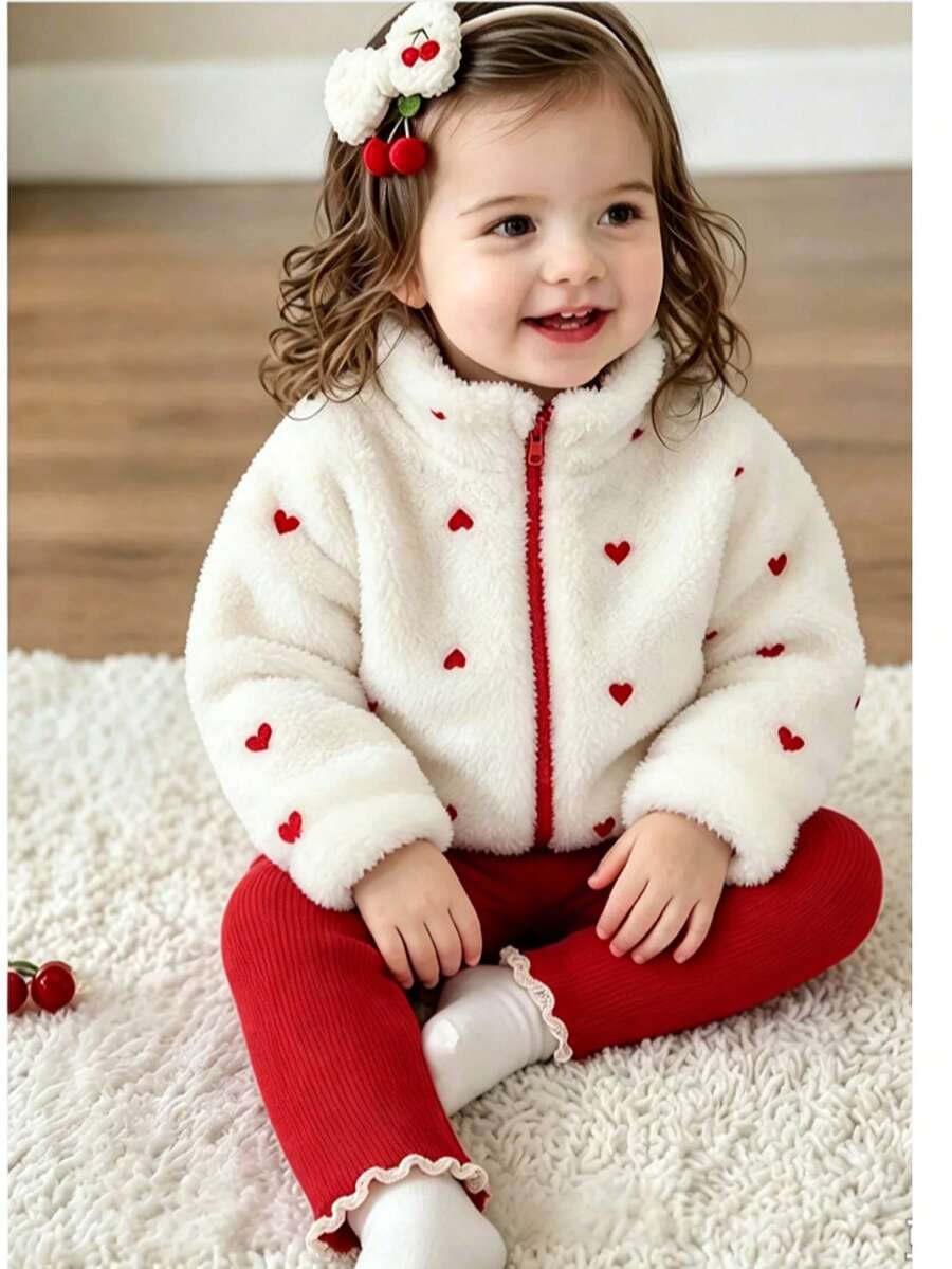 Girls' Autumn/Winter Heart Fleece Zip-Up Jacket And Red Ribbed Leggings 2 Pieces Set, Cute Casual Outfit - Multicolor - View 1