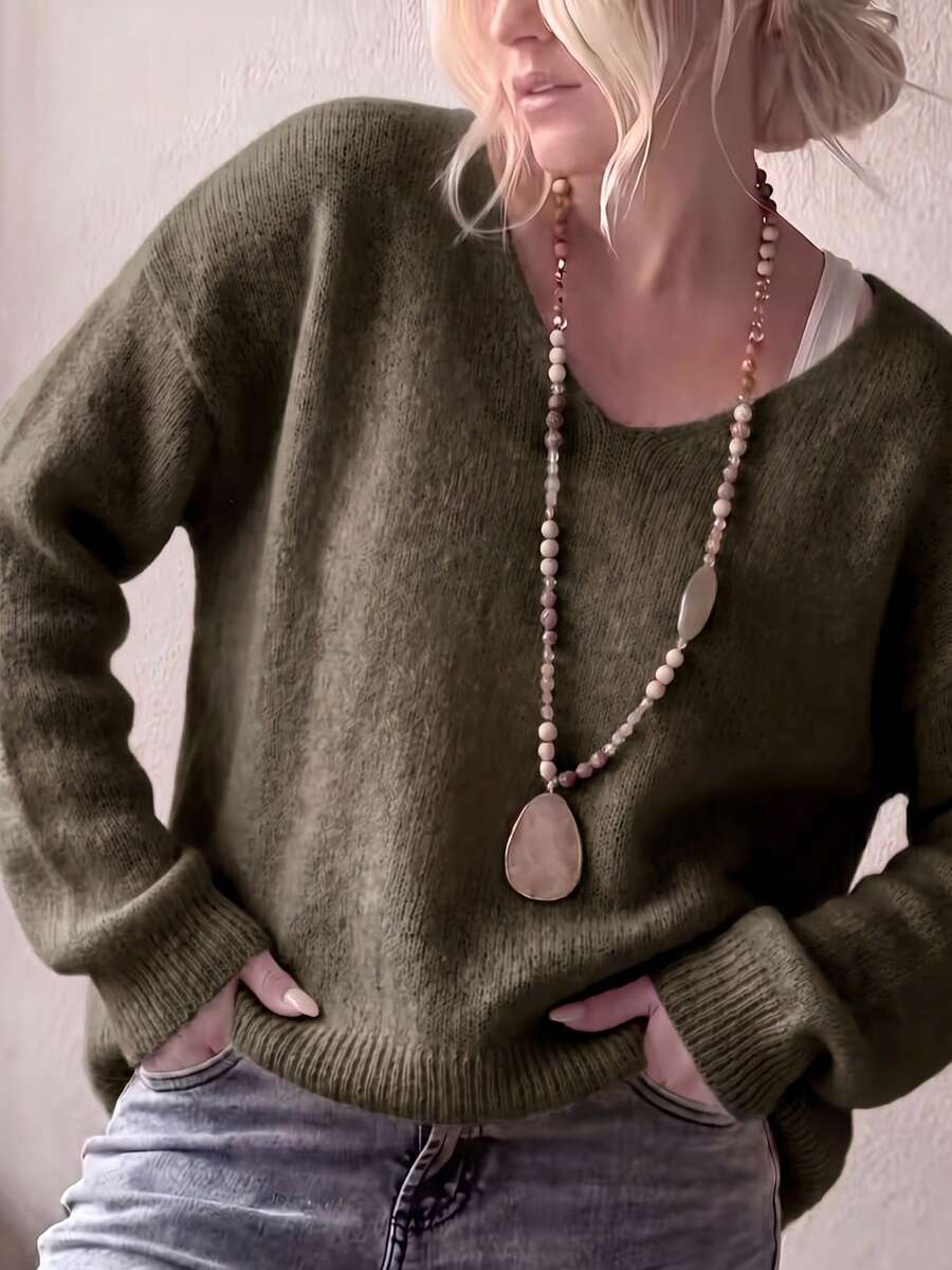 Women's Plush Sweater | Dusty Pink V-Neck Fall Winter Pullover | Soft Dropped Shoulder Knit Top, Party, Christmas, New Year - Olive Green - View 1