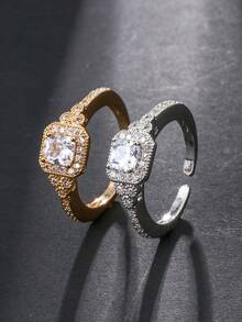 1pc Fashion Square Cubic Zirconia Women's Open Ring - Gold Plated Ring - Silver Plated Ring - Dual Color Optional - Adjustable Open Design - Daily Wear - Perfect Gift Choice - Eid Al-Fitr Gift, Eid Al-Adha Distribution - Silver - View 2