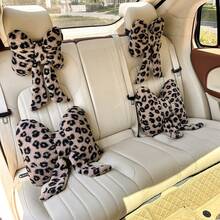 1pc Fashion Leopard Print Bow Car Headrest Lumbar Support, Soft Plush Neck Pillow, All-Season Use, Women's Car Interior Decoration Accessory - A - View 5