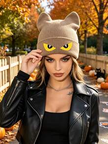 1/2pcs Unisex Cute Cat Ear Knit Beanie, Devil Eyes Graphic Print, Fun Warm Hat For Autumn Winter Outfit, HipHop Fashion Cap,Halloween Party Accessory - Multicolor - View 4
