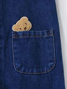 Infant Toddler Bear Patchwork Denim Overalls, Fixed Shoulder Straps, Dual Front Pockets Casual Denim Jumpsuit - Blue - View 5