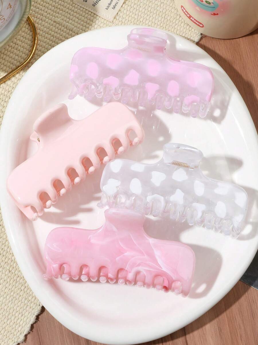 4件組粉色長方形髮夾,清新波點紮染特大號髮夾,溫柔甜美優雅百搭極簡髮飾 - 彩色 - 查看 1