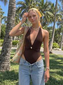 HOTTIE HABIT Brown Deep V Halter Neck Twist Front Gold Ring Bodysuit Sleeveless Backless Tight One Piece Cami Top Going Out Clubwear - Brown - View 3