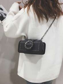 Women's Black PU Crossbody Bag, Punk Rivet & Rhinestone Circle Detail, Chain Shoulder Strap, Edgy Style For Party, Concert & Daily Wear - Black - View 4