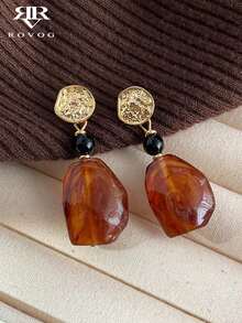 1 Pair Fashionable Vintage Synthetic Resin Geometric Earrings, Suitable For Vacation, Party And Daily Wear - Brown - View 1