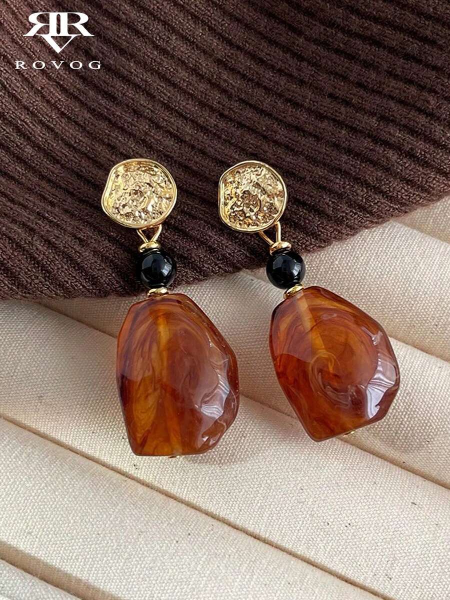 1 Pair Fashionable Vintage Synthetic Resin Geometric Earrings, Suitable For Vacation, Party And Daily Wear - Brown - View 1