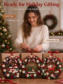 New 3D DIY Fabric Punch Needle Embroidery Wreath Making Kit, Adult Christmas Wreath DIY Set, Includes Snowflake, Highland Cow, Hummingbird, Bell And Gnome Themes, Suitable For Making Holiday Home Decor - A - View 2