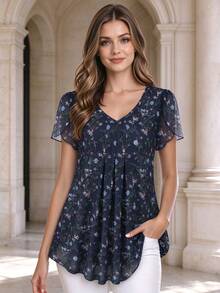 CheersLife Women's V-Neck Short Sleeve Casual Blouse With Double Layer Mesh Loose Top Vacation Summer, Boho Chic - Navy Blue - View 4