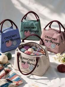 Striped Tote Bag With "Crochet Is My Therapy" Yarn And Crochet Hook Cute Pattern, Can Store Handmade Sewing Tools, Makeup, Personal Items. Multiple Fresh Striped Color Combinations, Suitable For Home, Travel Storage, Commuting For Handmade Enthusiasts. Artistic Handmade Healing Style, Perfect Practical Creative Gift For Girls Who Love Knitting, Sewing And Handicrafts - Multicolor - View 4