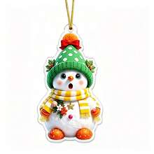 1pc Cute Knitted Hat Snowman Acrylic Christmas Ornament, 2D Flat Hanging Pendant With Gold Rope, Xmas Tree Decor, Winter Holiday Gift - A - View 18