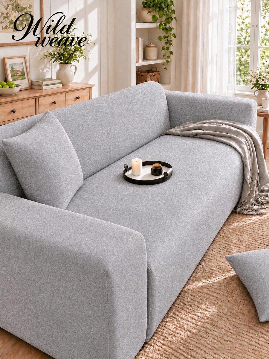 1pc Solid Color Milk Silk All-Season Elastic Full Sofa Cover + 1pc Matching Pillow Cushion Cover Without Filling