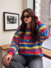 1pc Women's Rainbow Colorful Striped Loose Round Neck Knit Sweater, Vintage Lazy Top, Suitable For Party, Street And Daily Wear - Red - View 2