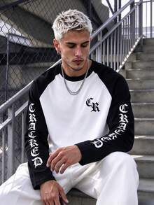 American Style Black & White Raglan Long Sleeve T-Shirt, Gothic Letter Print Vintage Contrast Color Patchwork Loose Fit Long Sleeve Top - Black - View 1