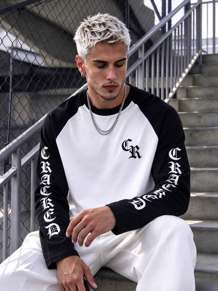 American Style Black & White Raglan Long Sleeve T-Shirt, Gothic Letter Print Vintage Contrast Color Patchwork Loose Fit Long Sleeve Top - Black - View 1
